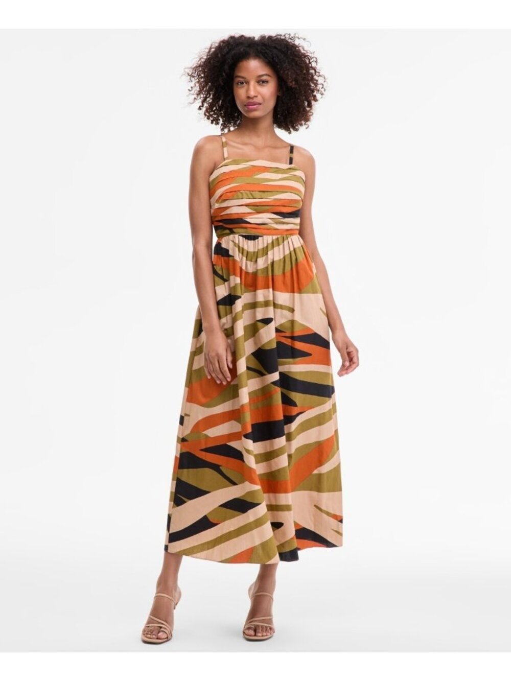 MSK Women's Cotton Pleated-Bodice Tie-Back Ankle Midi Dress Beige Size S $109